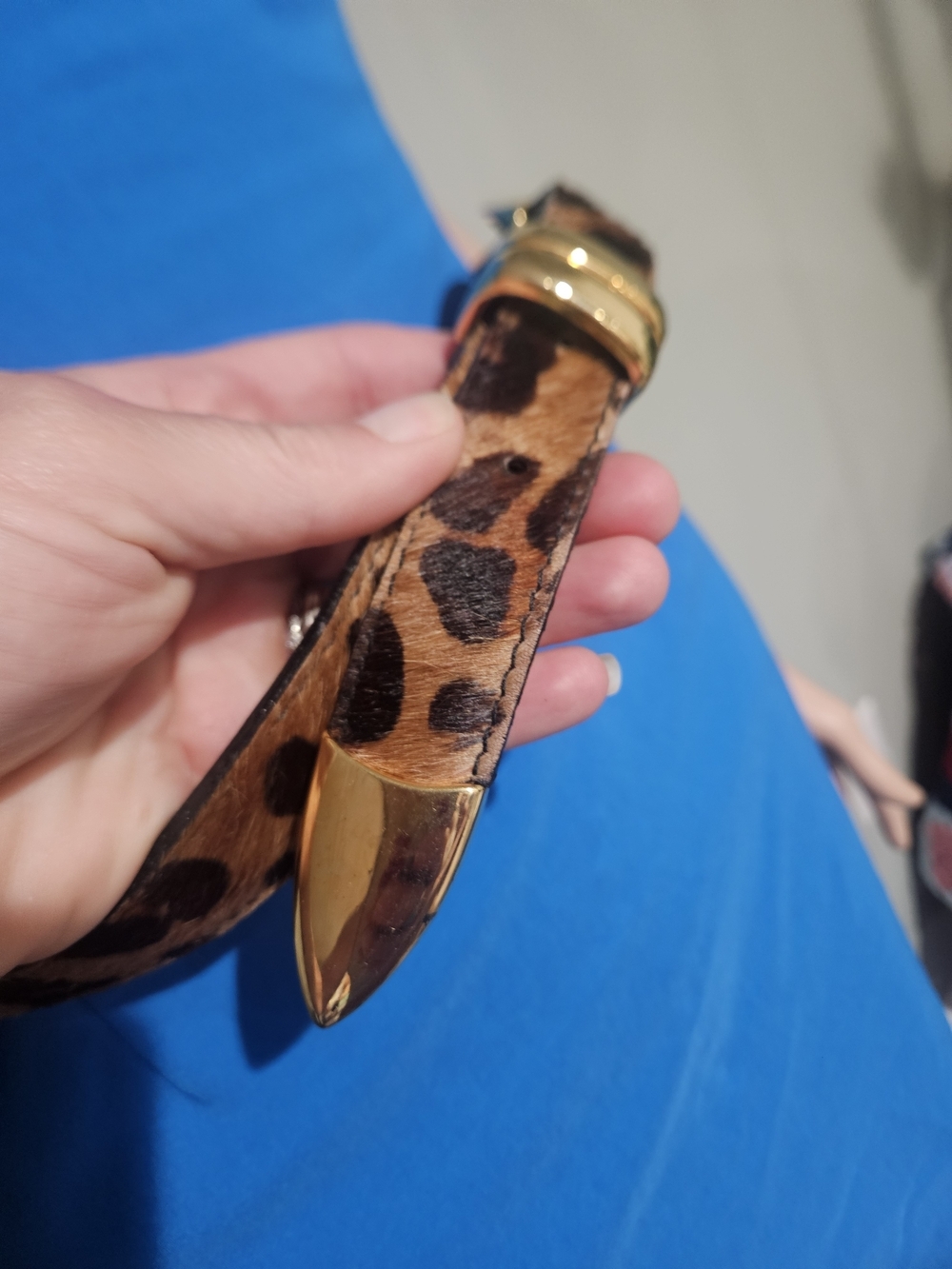 Vintage Leopard Print Calf Hair Leather Belt Gold Hardware. Size Medium - Picture 9 of 16